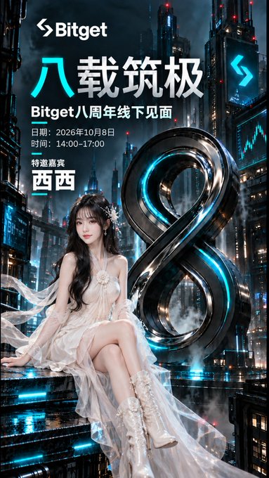 Bitget promotional poster featuring '八载筑极 Bitget八周年线下见面' event on 2026年10月8日, 14:00-17:00, with special guest 西西, showing a woman in white seated beside a large chrome '8' against a futuristic cityscape.