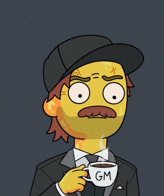 A cartoon illustration of a yellow-skinned character with a brown mustache and red hair, wearing a black cap and suit, holding a white coffee mug labeled 'GM'.