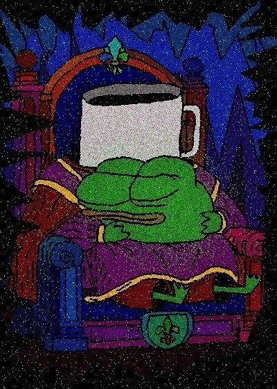 Meme image of Pepe the Frog dressed as a king sitting on a throne with a coffee mug for a head, with a fleur-de-lis emblem at the base.