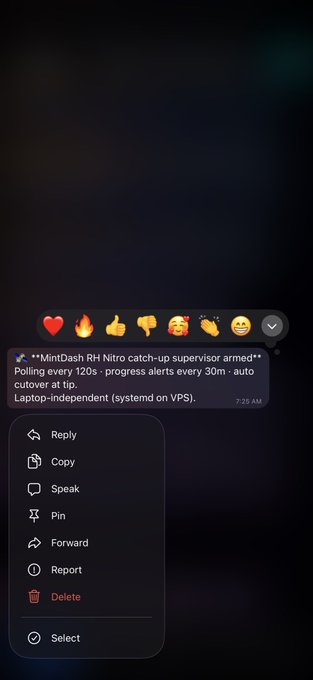 A screenshot showing a Slack message from "MintDash RH Nitro" at 7:20 AM about polling every 120s, progress alerts every 30m, and a "Laptop-independent (systemd on VPS)" status, with a reaction menu open displaying options like Reply, Copy, Speak, Pin, Forward, Report, Delete, and Select. The image humorously illustrates the user's frustration with running nodes by showcasing a system notification and management menu for a MintDash node setup.