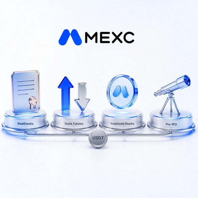 The image showcases MEXC's suite of stock-related investment products—RealStocks, Stock Futures, Tokenized Stocks, and Pre-IPO—all unified under a USDT hub, highlighting the platform's diverse offerings. The caption from the post emphasizes that RealStocks stands out by providing actual share ownership through a partnered licensed broker, complementing the other products shown that serve different trading purposes like futures speculation, blockchain-based exposure, and early-stage access.