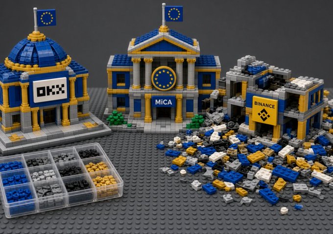 A LEGO diorama featuring three buildings labeled 'OKX', 'MiCA' with the EU flag, and 'BINANCE', with the Binance building depicted as collapsed into scattered pieces.