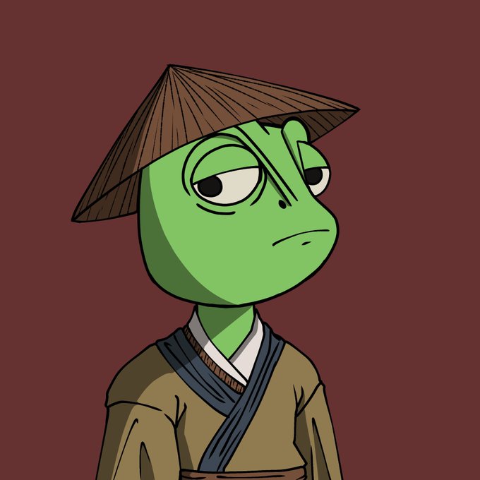 A green cartoon frog wearing a traditional Asian conical straw hat and brown robes stares sideways with a skeptical, unamused expression against a maroon background. The frog's weary, judging look playfully mirrors the casual indifference implied by the "Wby?" (what about you?) question accompanying the NFT enthusiasm.