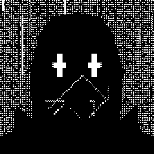 A black and white pixel art image depicting a hooded figure with cross-shaped eyes and a stylized, jagged mouth against a dithered background.