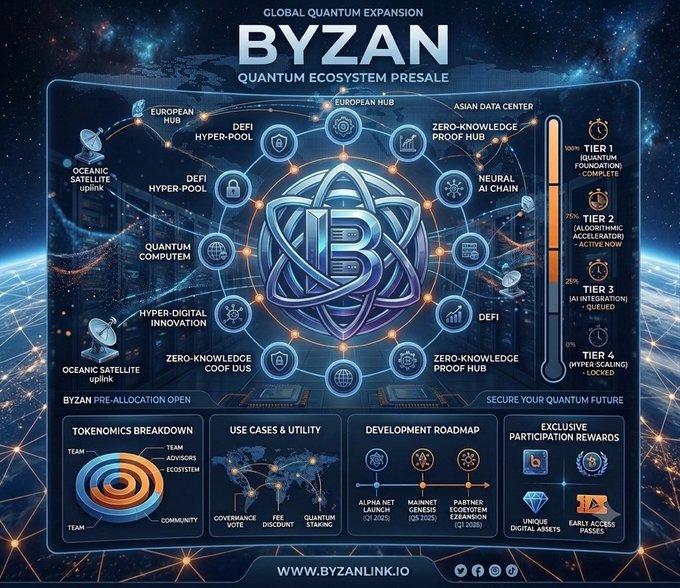 A promotional graphic for the BYZAN Quantum Ecosystem Presale, featuring a complex web of features including 'DeFi', 'Hyper-Pool', 'Zero-Knowledge Proof Hub', 'Neural AI Chain', and 'Quantum Computing' orbiting a central 'B' logo, with tokenomics and roadmap details displayed below and the website 'WWW.BYZANLINK.IO' at the bottom.