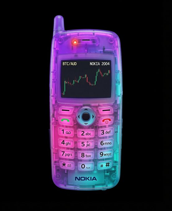 The image features an old, translucent Nokia 2004 phone with a neon pink background that reads "Nokia 2004" and "BTC/AUD", indicating its connection to Bitcoin trading. The phone has a unique design and is made of clear plastic, giving it a futuristic appearance. It appears to be in good condition despite being described as "unbreakable". The post suggests that the Nokia 2004 was once considered unbreakable but now serves as an example of how technology can evolve over time.