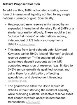 A slide titled "Triffin's Proposed Solution" outlines economist John Maynard Keynes' and Robert Triffin's plan to create new IMF-issued reserve units ("Bancor") and gold-guaranteed deposits to address the US balance-of-payments deficits without starving global liquidity, a concept the post cites as having influenced modern monetary reform discussions within the XRP community.