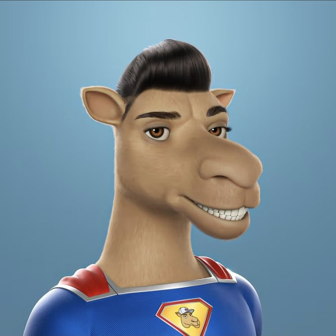 3D animated character portrait of a camel-like figure with dark hair, wearing a blue superhero-style costume with red accents and a shield logo, set against a blue background.