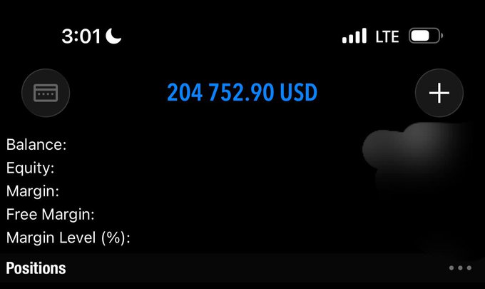 A mobile trading app displays an account balance of 204,752.90 USD with empty fields for Balance, Equity, Margin, Free Margin, and Margin Level.