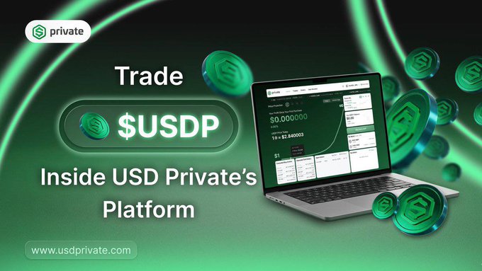 The image features an open laptop with a green background displaying a website called "@USDPrivate" along with some coins scattered around the screen, possibly representing digital assets or tokens. The text "Trade $USDP Inside USDP Private's Platform" is also present in the image. This suggests that there might be a platform for trading digital assets, such as cryptocurrencies, and it could potentially be related to the private token model introduced by @USDPrivate.