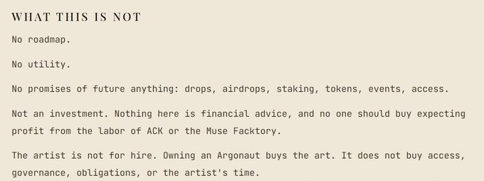 A disclaimer text reading 'WHAT THIS IS NOT' followed by a list including 'No roadmap', 'No utility', 'No promises of future anything: drops, airdrops, staking, tokens, events, access', 'Not an investment', and a note about the artist not being for hire, mentioning 'ACK' and 'Muse Factory'.