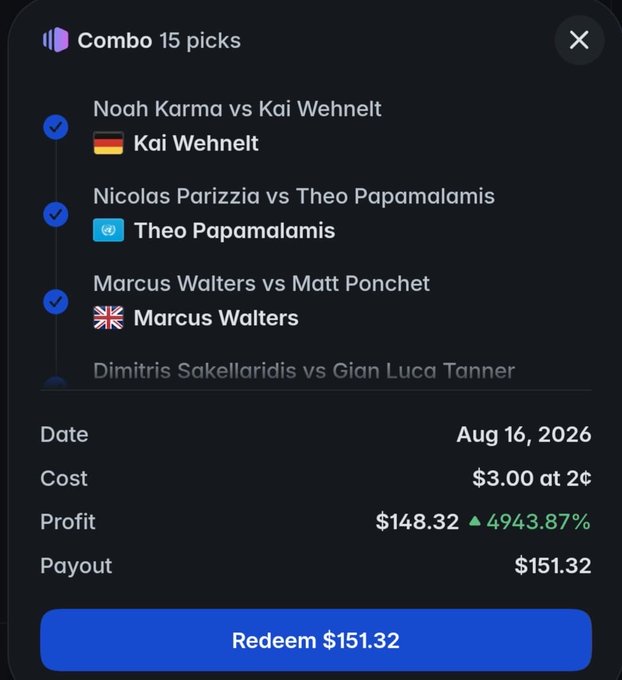 A sports betting app interface showing a 'Combo 15 picks' parlay with selections including Noah Karma vs Kai Wehnelt (Kai Wehnelt selected), Nicolas Parizzia vs Theo Papamalamis (Theo Papamalamis selected), Marcus Walters vs Matt Ponchet (Marcus Walters selected), dated Aug 16, 2026, costing $3.00 with a payout of $151.32.