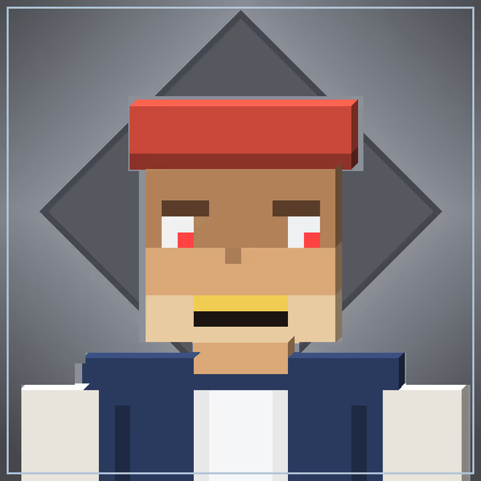 A pixel art style character with brown skin, red glowing eyes, and a red headband stands against a gray diamond-shaped background.