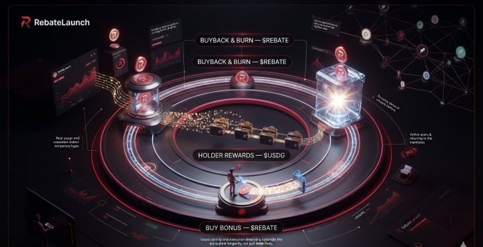 A dark promotional illustration for “RebateLaunch” shows a glowing 3D trading platform with labels including “BUYBACK & BURN — $REBATE” and “HOLDER REWARDS — $USDG.”
