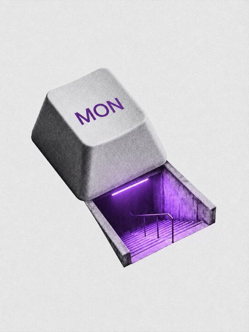 A 3D rendered illustration shows a large computer key labeled 'MON' propped open to reveal a small concrete stairwell illuminated by purple lighting underneath.