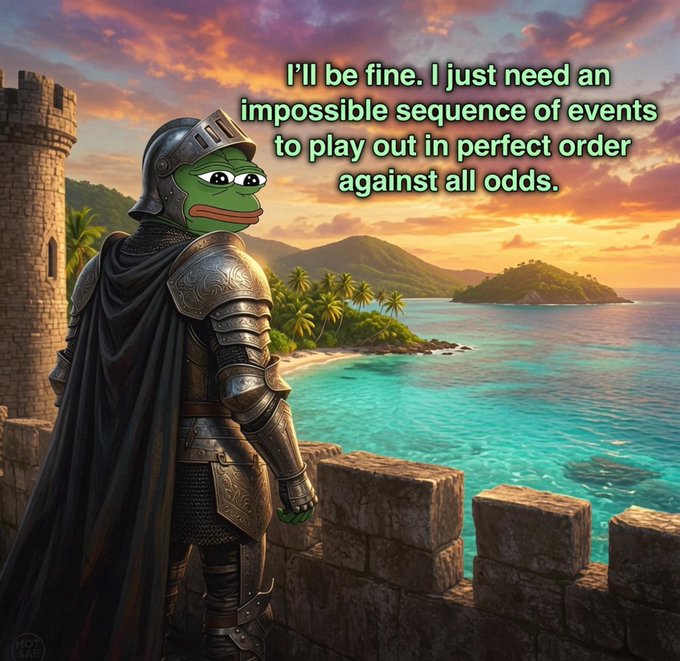 A weary Pepe the Frog knight in armor gazes out over a tropical ocean from a stone castle wall, captioned "I'll be fine. I just need an impossible sequence of events to play out in perfect order against all odds." The image humorously captures the "gm frens" sentiment—the hopeful yet anxious optimism crypto traders carry into each new day, praying everything aligns perfectly for their portfolios.