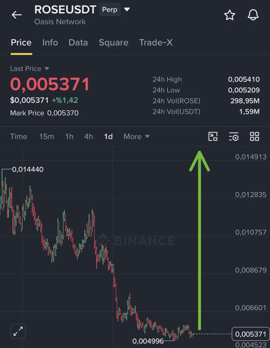 A Binance perpetual futures chart for ROSE/USDT shows the price at 0.005371, down 1.42%, after a significant drop from 0.014440 to a low of 0.004996, with a green arrow pointing up to suggest a long position recovery. The chart illustrates the user's bullish sentiment ($ROSE longed huge) despite the steep downtrend visible on the 1-day timeframe.