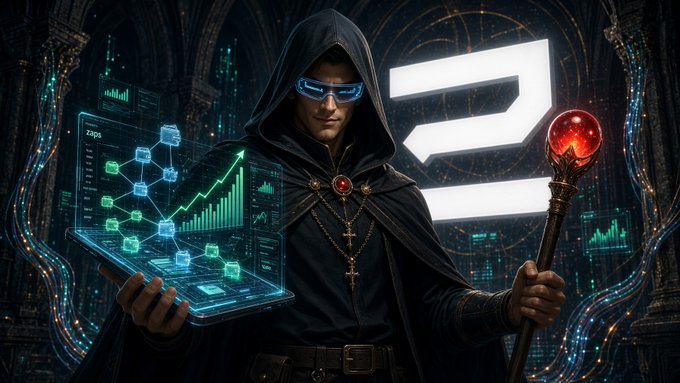A hooded figure wearing glowing blue smart glasses holds a tablet displaying holographic blockchain analytics charts and node networks in one hand and an ornate staff with a glowing red orb in the other, with a large stylized "Z" logo visible behind him. The image visually represents @zerufinance's wallet analysis service, echoing the post's theme of unveiling a forgotten address's past activity through zScore and transaction history metrics.