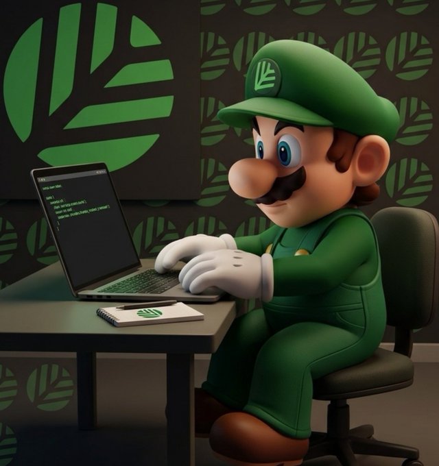 A 3D rendering of Luigi from Super Mario dressed in a green coding outfit, sitting at a desk and typing on a laptop in a room with a patterned green wall.