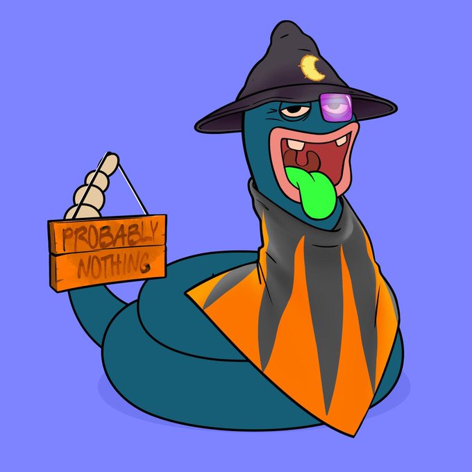 A cartoon illustration of a cyan snake-like creature dressed as a wizard in a black pointed hat with a moon symbol and an orange and black robe, sticking out a green tongue and holding a wooden sign that reads 'PROBABLY NOTHING'.