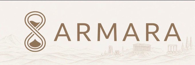A logo banner displaying the word 'ARMARA' in brown text next to a stylized hourglass symbol, with a faded illustration of a classical Greek-style cityscape in the background.