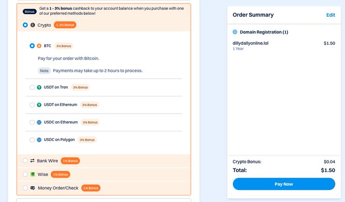 The image shows Namecheap's checkout page for registering "dillydallyonline.lol" for $1.50, with various cryptocurrency payment options (BTC, USDT on Tron, USDT/USDC on Ethereum, USDC on Polygon) all offering a 1-3% bonus, alongside traditional bank wire, Wise, and money order options. This illustrates how even domain registrators like Dynadot now offer competitive crypto payment incentives—a point the tweet makes by highlighting how crypto's cost and finality advantages over credit cards (no chargebacks) remain valuable even as wire services like Mercury have become faster and free.