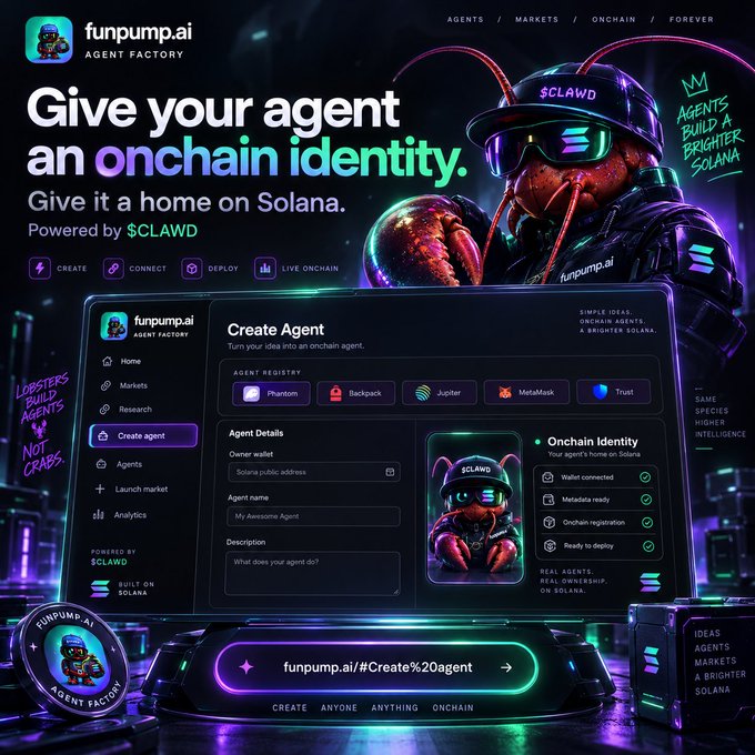 An advertisement for funpump.ai Agent Factory featuring a cyberpunk lobster character in sunglasses, promoting the ability to create onchain identities for agents on Solana powered by $CLAWD.