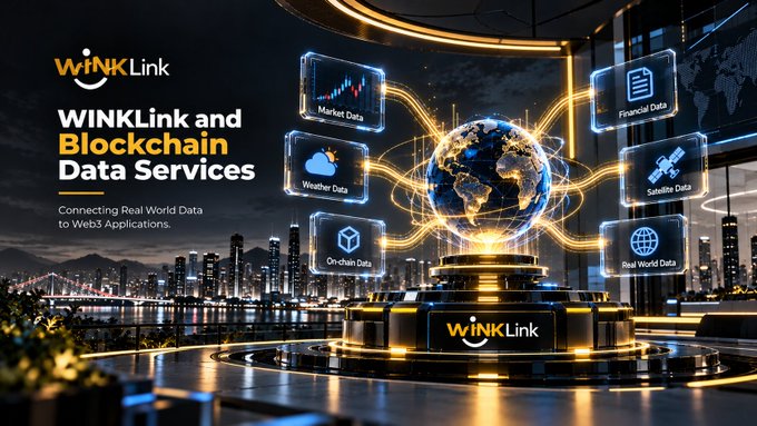 A promotional banner for WINkLink and Blockchain Data Services featuring a glowing globe with orbiting data nodes labeled Market Data, Weather Data, On-chain Data, Satellite Data, Financial Data, and Real World Data, with the tagline 'Connecting Real World Data to Web3 Applications.'