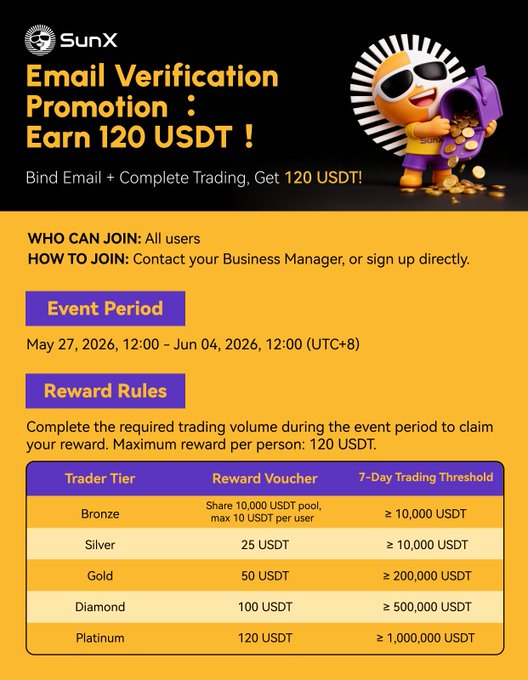 The image features a poster for an email verification promotion that encourages people to join the campaign. The poster includes a cartoon character holding a gold coin, which serves as a visual representation of the reward offered through the campaign. The text on the poster highlights the benefits of joining and emphasizes the importance of completing the required trading volume during the event period in order to claim maximum rewards.

The poster also provides information about the trading rules for the campaign, including details such as the number of coins needed to complete the trading volume and the maximum reward that can be earned by doing so. The overall design is simple yet effective, making it easy for people to understand the terms and conditions of the promotion.