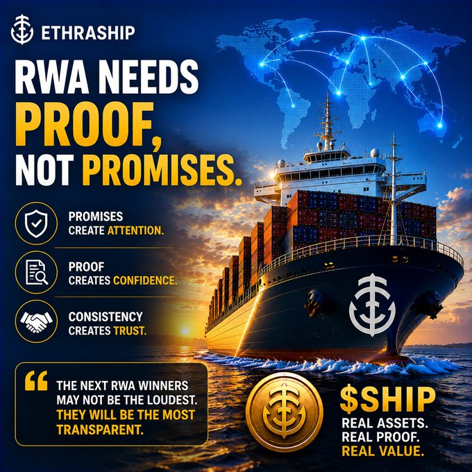 An advertisement for ETHRASHIP promoting their $SHIP token with the tagline 'RWA NEEDS PROOF, NOT PROMISES' featuring a large cargo ship on the ocean.