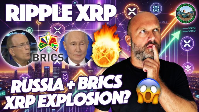 This thumbnail features the text "RIPPLE XRP", "BRICS", "RUSSIA + BRICS XRP EXPLOSION?", images of Vladimir Putin and a shocked face emoji, alluding to the post's speculation about BRICS using XRP for payments.