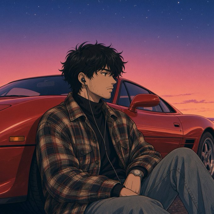 An anime-style illustration of a young man with messy black hair wearing a plaid flannel shirt over a black turtleneck, sitting against a red sports car at sunset.