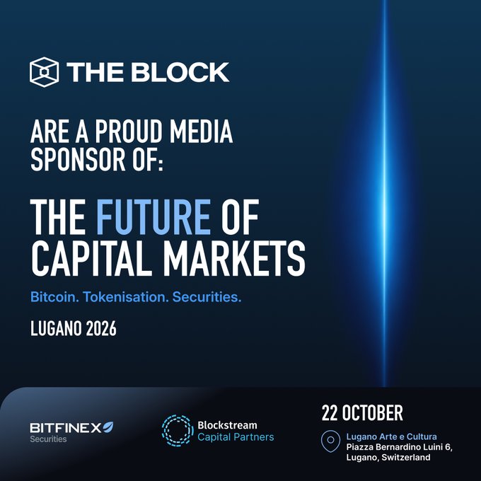 A promotional graphic for The Block's media sponsorship of "The Future of Capital Markets" event on 22 October in Lugano, Switzerland, featuring Bitfinex Securities and Blockstream Capital Partners as additional sponsors, with subtopics highlighting Bitcoin, Tokenisation, and Securities.