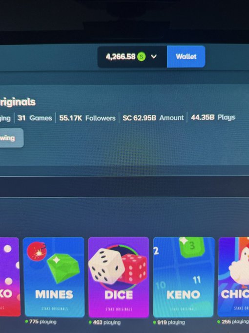 The image shows a Kick.com streaming dashboard titled "Originals" displaying a wallet balance of $4,266.58 alongside a "Following" count of 31 games, 55.17K followers, SC 62.95B amount, and 44.35B plays, with game thumbnails for Mines, Dice, Keno, and Chick—matching the streamer's post about going "full sending $4,266" and inviting viewers to drop their stake/LTC at kick.com/motivation.