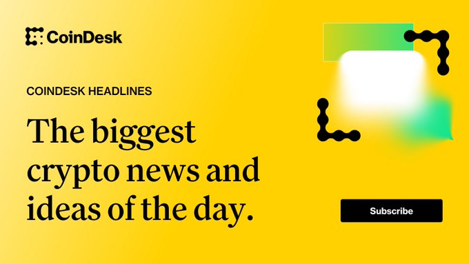 A CoinDesk Headlines newsletter promotional banner with a yellow background displays the text "The biggest crypto news and ideas of the day." alongside a Subscribe button and abstract graphic elements, serving as a call-to-action for readers to receive daily crypto updates covering topics like Bitcoin security concerns and tokenized assets from companies such as Apple, Nvidia, and Tesla.