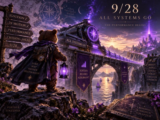 A fantasy promotional graphic featuring a teddy bear with a lantern overlooking a glowing purple train on a bridge, with text including '9/28 ALL SYSTEMS GO - THE PERFORMANCE BEGINS', 'IGNITION IN MOTION', and 'ALL SYSTEMS GO'.