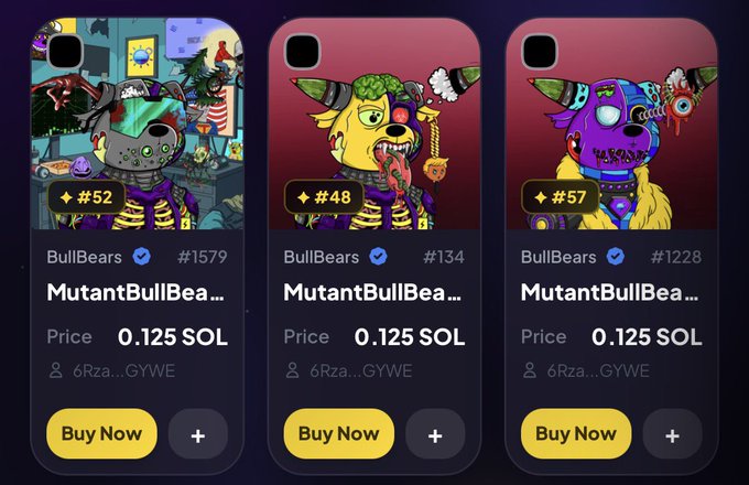 An NFT marketplace interface showing three 'MutantBullBear' collectibles (#52, #48, #57) from BullBears, each priced at 0.125 SOL.