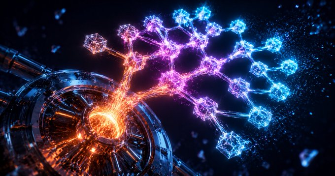 A vibrant digital artwork featuring a glowing molecular network of purple, pink, and blue crystalline structures connected to a fiery mechanical device.