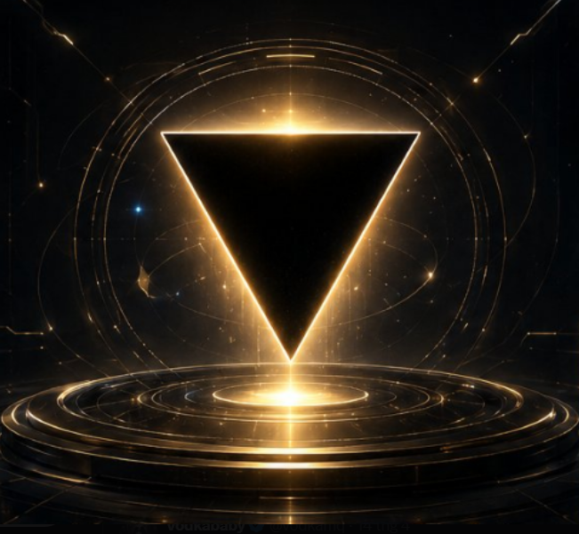 Digital artwork featuring a glowing golden inverted triangle on a dark cosmic background, surrounded by concentric rings of light and stars.