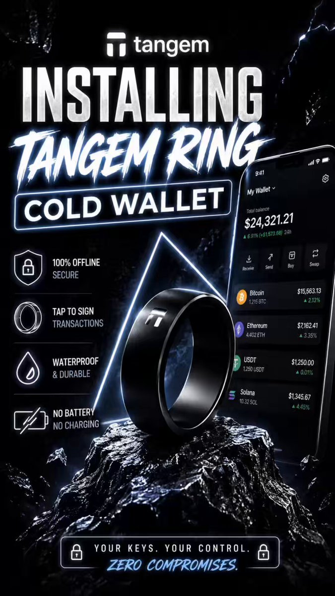 The image features a black ring with a silver design, which appears to be a cryptocurrency wallet. The ring has a screen attached to it that displays various information about the wallet, including its security measures and the amount of money stored within it. The text on the image reads "Installing Tangem Ring Cold Wallet", indicating that the ring is being used as a cold wallet for storing digital assets like Bitcoin.

The post also mentions that the ring can be worn on the finger, suggesting that it might serve as an accessory or a fashion statement rather than a functional cryptocurrency wallet. The image promotes the idea of using the ring to store and manage digital assets in a secure manner while adding a stylish element to one's appearance.