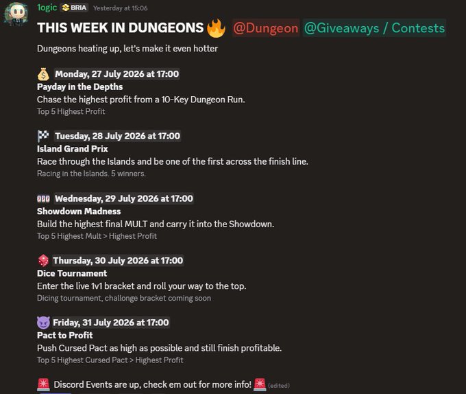 A Discord announcement titled 'THIS WEEK IN DUNGEONS' by 'loginc BRIA' listing daily dungeon events including Payday in the Depths, Island Grand Prix, Showdown Madness, Dice Tournament, and Pact to Profit from Monday to Friday, July 27-31, 2026.