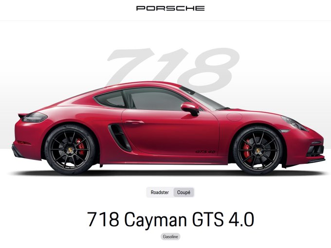 Promotional image of a red Porsche 718 Cayman GTS 4.0 Coupé with the 'PORSCHE' logo at the top, '718' watermark, and '718 Cayman GTS 4.0' label below.