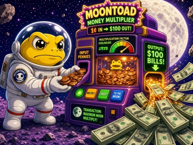 A colorful cartoon image titled 'MOONTOAD MONEY MULTIPLIER' shows an angry yellow toad astronaut collecting pennies and converting them into stacks of $100 bills near a slot machine on the moon.
