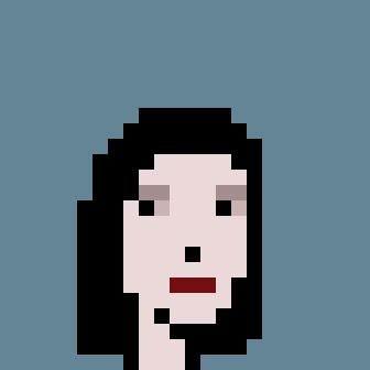 A pixel art portrait of a pale-skinned figure with long black hair, pink cheek blush, and red lips against a bright blue background, representing a CryptoPunk NFT. The image illustrates the tweet's discovery of a Punk resembling the user, shared while learning about the collection on Fountainxyz.