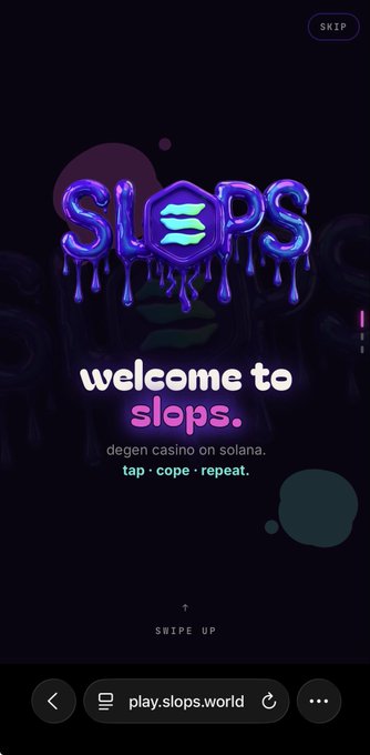 Mobile website splash screen for 'slops,' described as 'degen casino on solana,' with neon purple and blue dripping graphics and instructions to 'SWIPE UP' on a black background.