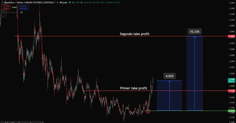 A RAY/USDT perpetual futures chart on Binance displays a long position entry at 1.2110 with marked targets, showing 4.02% gain to the first take profit at 1.1933 and a potential 10.33% gain to the second take profit at 1.2850, aligning with the post celebrating the profitable trade entry near support.
