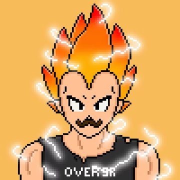 A pixel art character with spiky orange and red flame-like hair, wearing a black tank top labeled 'OVERR' against an orange background.