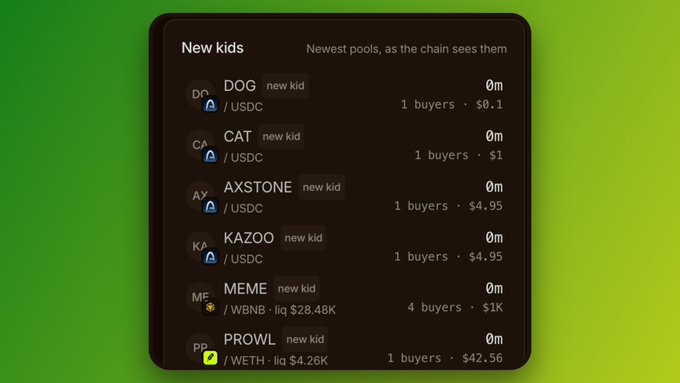 A crypto interface showing 'New kids' listing new token pools including DOG, CAT, AXSTONE, KAZOO, MEME, and PROWL, each marked as 'new kid' with details on buyers and pricing.