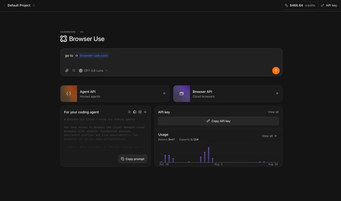 A dark-themed dashboard for Browser Use showing a coding agent configuration for browser-use.com with Agent API and Browser API sections, API key, and usage statistics.