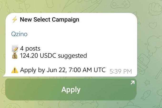 The image shows a phone screen displaying information about applying for a new select campaign. An email has been sent by the campaign organizer to those who are interested, detailing details about the application process and requirements. The text indicates that there is an available budget of $590, and the posts suggested should be between 14420 and 14200 USDC.